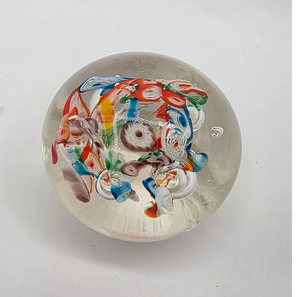 Vintage Murano Style Art Glass Paperweight Multicolor Ribbon Swirl Bubble